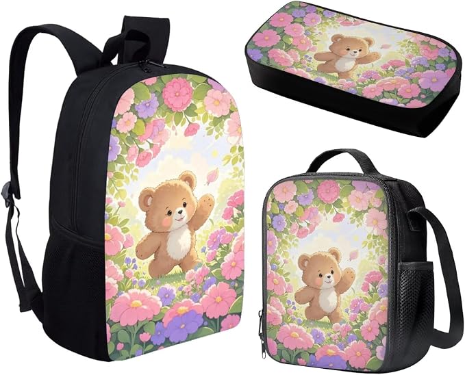 Forchrinse Bear Backpack with Lunchbox and Pencil Pouch Primary School Student Backpack Lunch Bag for Girls 6-8 Years Old 3 Piece Cute Back to School Bookbag/Lunch Box Set - Image 2