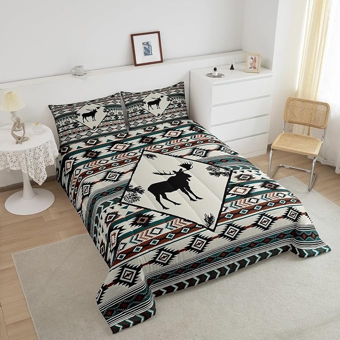 Erosebridal Rustic Moose Comforter Set for Cabin Lodge Southwest Bedding Set Aztec Geometric Tribal Quilt Farmhouse Hunting Animal Duvet Insert with 1 Pillowcase Lightweight Warm,Twin - Image 4