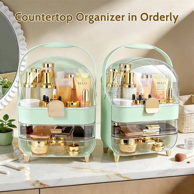 Makeup Organizer with Drawers-Cosmetic Display Case for Vanity|Skincare Organizer with 360 Rotating Brush Holder,Large Storage Box Dresser,Women Gifts Display Cases for Bathroom Countertop,Green - Image 3