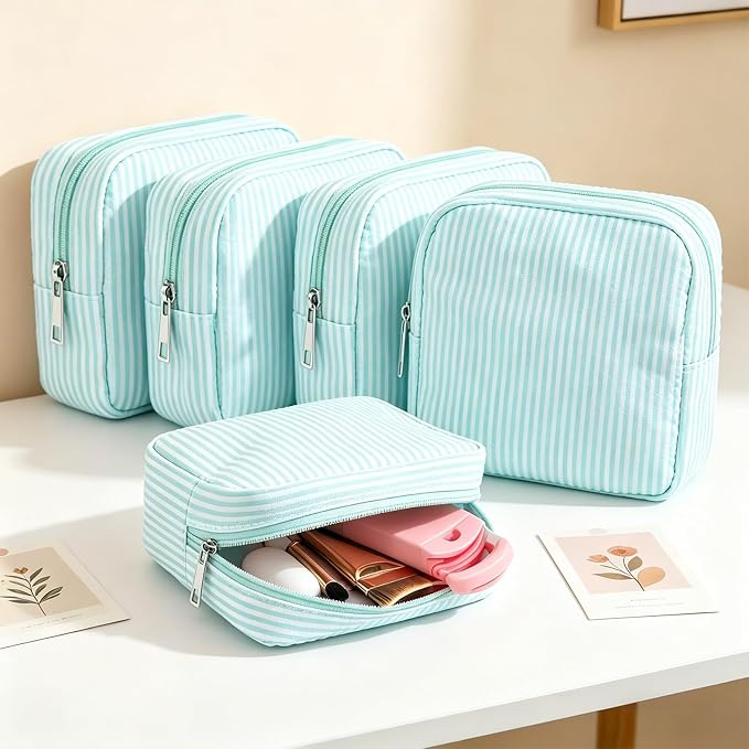 Giesiery 8 Pcs Seersucker Makeup Bags Striped Cosmetic Bags Bulk Organizer for Women Preppy Travel Toiletry Pouch for Wedding Bridesmaid Gifts (Lakeblue, Mini) - Image 3