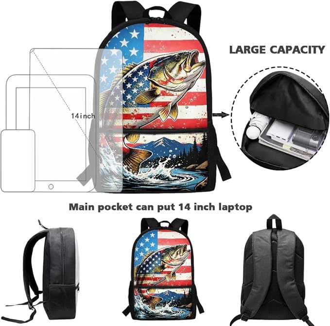 Bass Fish American Flag Boys Backpack and Lunch Bag 4 Piece Set, Padded Shoulder Strap Large Capacity Lightweight School Bag Kids Ages 6-12, 17 Inch Waterproof Organized Bookbag - Image 4