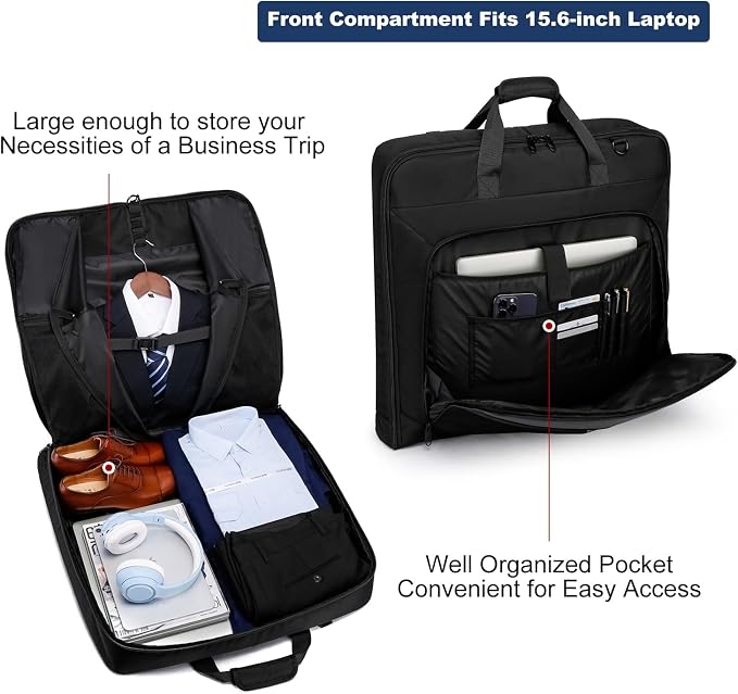 Garment Bag Travel Suit Bag Large 40-Inch Carry on Bag Up to 3 Suits,2 in 1 Hanging Luggage Bags, Fits 15.6Inch Laptop - Image 4