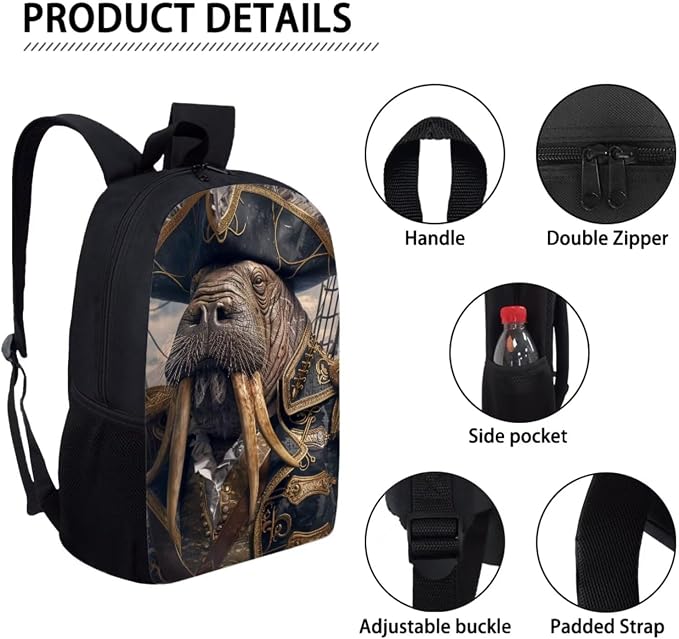 17 Inch Animal Print School Backpack And Lunch Box Set for Kids Lightweight Cool Walrus Backpack for Boys Girls Sturdy School Bag with Insulated Lunchbox Pencil Case Student Bookbag - Image 4