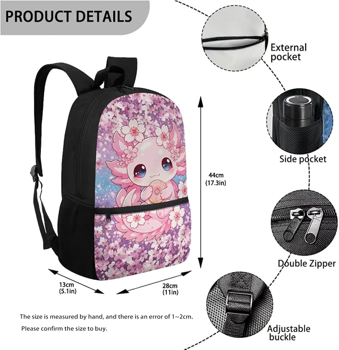 Donut Axolotl Kids 4-in-1 School Backpack Set, Cherry Blossom 17'' Bookbag with Insulated Lunch Box, Pencil Case & Water Bottle Holder, Cute Cartoon Schoolbag for Girls, Gift for Age 6-12 - Image 3