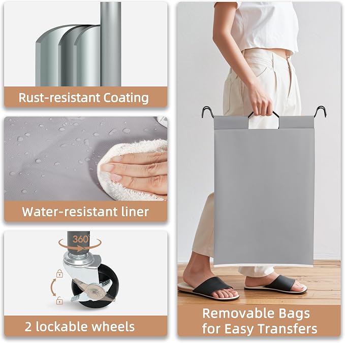 STORAGE MANIAC 5 Section Laundry Sorter, 5 Bins Rolling Separator Laundry Basket, Dirty Clothes Hamper Divider with Heavy Duty Lockable Wheels, Large Clothes Organizer Cart, Gray - Image 3
