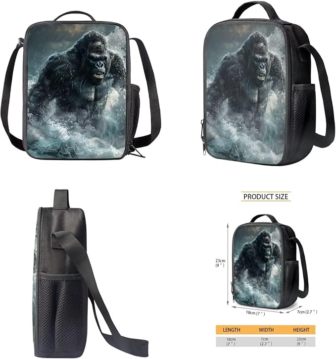 17 Inch Animal Print School Backpack And Lunch Box Set for Kids Lightweight Stormy Sea Gorilla Backpack for Boys Girls Sturdy School Bag with Insulated Lunchbox Pencil Case Student Bookbag - Image 5