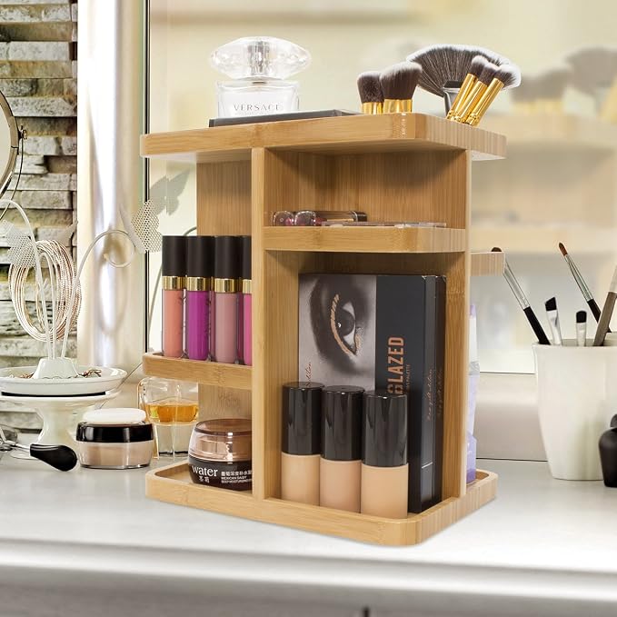 Sorbus 360° Makeup Organizer - Bamboo Wood Make Up Storage Carousel for Cosmetics, Skin Care Rotating Makeup Organizer for Vanity, Bathroom Storage - Image 8