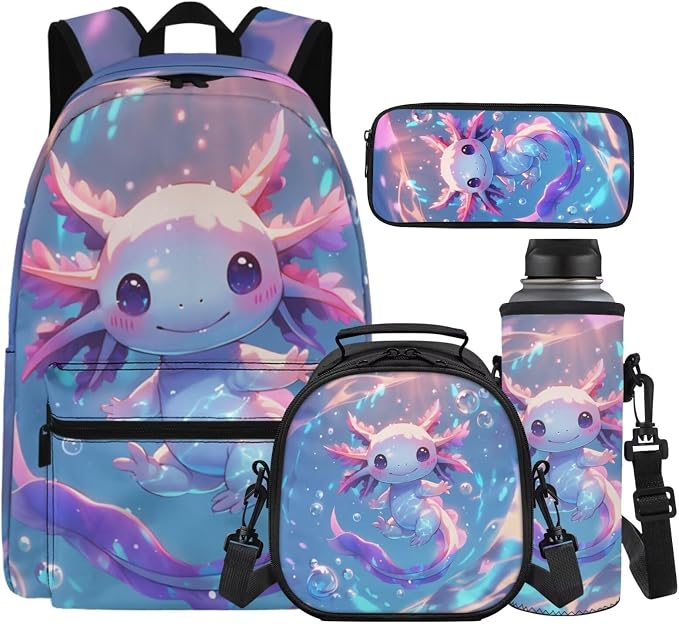 Adorable Axolotl Bookbag and Lunch Box Set for Girls Lightweight Cute Backpacks for 5th Grade Girls for Kindergarten Primary Elementary 17 inch Travel Back Pack Purse with Adjustable Starps by Unknown