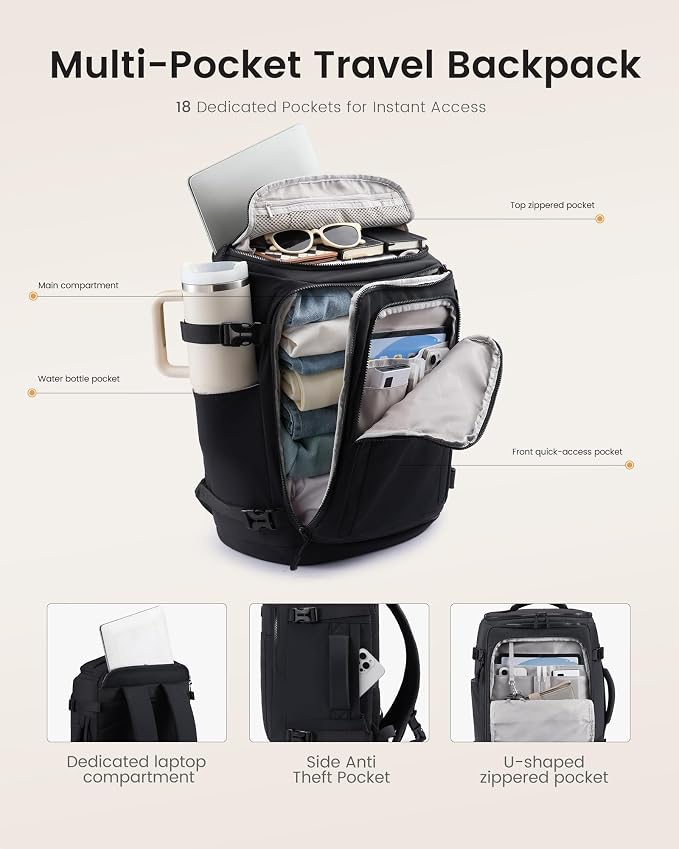 LOVEVOOK Travel Backpack for Women & Men, 40L TSA Approved Carry On Backpack with 3 Packing Cubes, Waterproof Weekender Overnight Bag, Business Travel Essentials, Beige-Black-Orange - Image 5