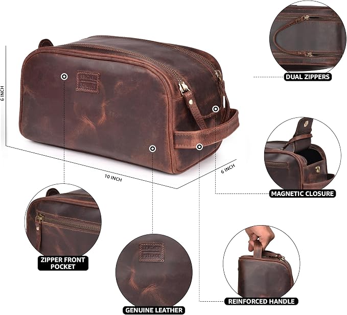LEATHER VILLAGE Genuine Leather Toiletry Travel Bag With Waterproof Lining - Mulberry Brown | King-Size Handcrafted Vintage Dopp Kit Bag, Shaving & Bathroom Organizer, Gift for Men & Women - Image 3