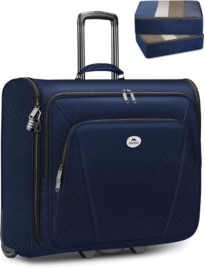 MATEIN Rolling Garment Bags for Travel, Large 2-Wheeled Suit Carrier, Blue | Foldable Travel Suit Bag with Wheels, 2 Packing Cubes, Check-in Suitcase Luggage, For Business Trips, Fits 17.3 Inch Laptop - Image 9