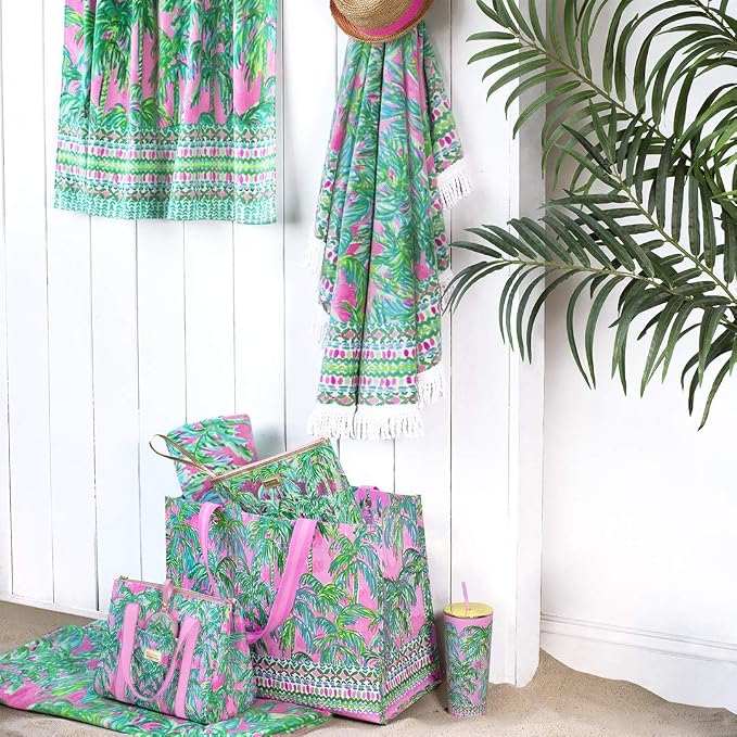 Lilly Pulitzer Water Resistant Vinyl Beach Day Pouch, Zipper Bag Includes Drink Hugger, Small Pouch, and Towel Clips - Image 4