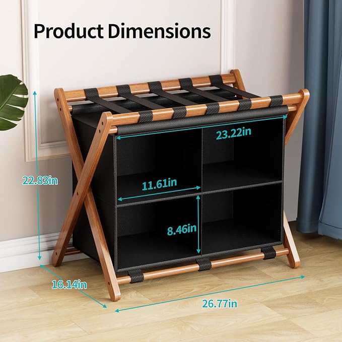 Bamboo Luggage Rack with 4 Storage Compartments, Foldable Suitcase Stand for Guest Room, 150lbs Capacity, Sturdy, Space-Saving and Easy to Assemble Organizer - Image 3