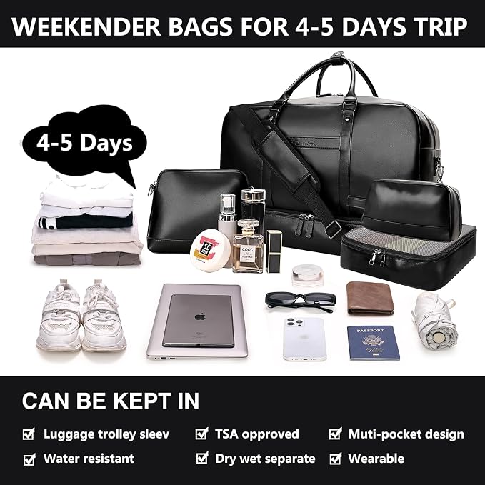 Large 4-in-1 Leather Duffle Bag for Travel Weekender Overnight Hospital Gym Bag for Men & Women, Carry On Airline Approved Personal Item Duffel Garment Bag Luggage with Shoe Compartment & Toiletry Bag - Image 7
