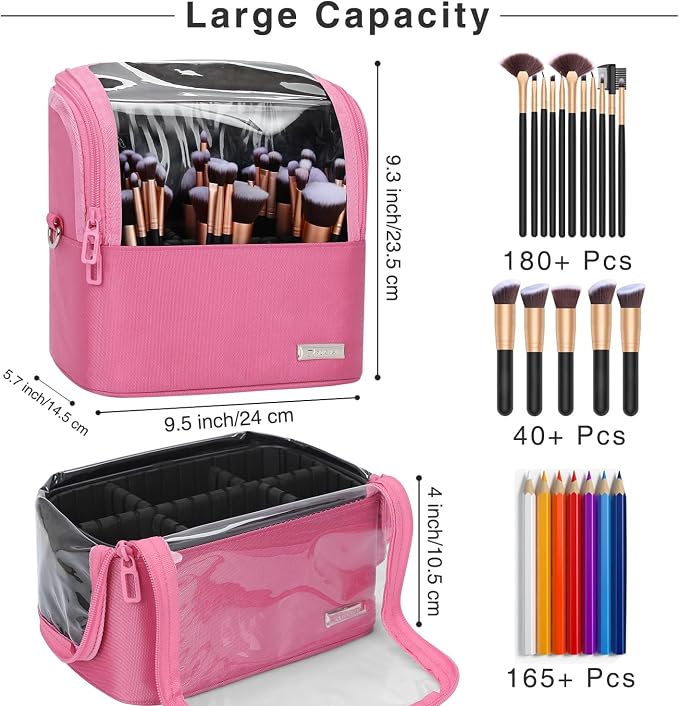 TANTO Makeup Brush Case Stand-up Makeup Cup Makeup Brush Holder Travel Professional Cosmetic Bag Artist Storage Bag Large Makeup Bag with Adjustable Divide (Rose Pink, 1-Large) - Image 4