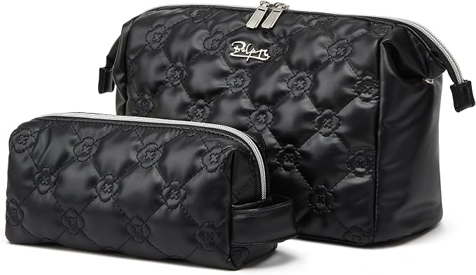 BOYATU Travel Makeup Bag Cosmetic Pouch: 2 Pcs Set Waterproof Vegan Leather Cosmetic Bags for Women - Cute Quilted Skincare Make up Toiletry Bag for Girl (02-Black) - Image 2