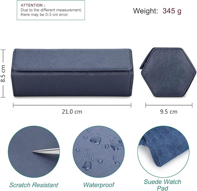 Hiram Genuine Leather Hexagon Watch Roll Travel Case, Leather 3-Watches Roll Case with Removable Pillow Cushion for Treasured Watches and Bracelets -Blue - Image 3