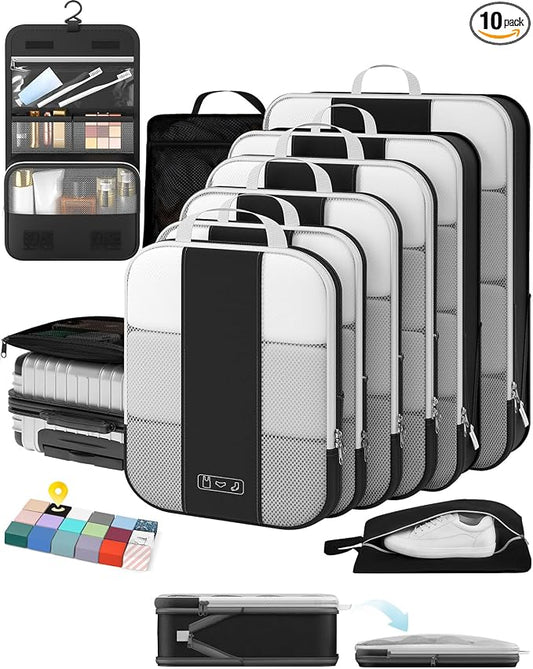 OlarHike 10 Set Compression Packing Cubes for Travel Essentials,Compressible Expandable Space Saver Bags for Organizing Clothes,Luggage Suitcase Garment Bags with Over 1000 pcs Mesh Holes(Black) by OlarHike