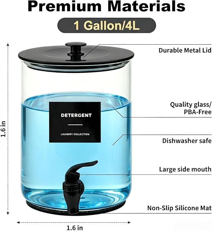 Glass Laundry Detergent Dispenser,1 Gallon Large Liquid Soap,2 Pack(Black) | Complete borosilicate jars set with leakproof spigots, protective silicone mats, minimalist labels, and dosing cups. - Image 5