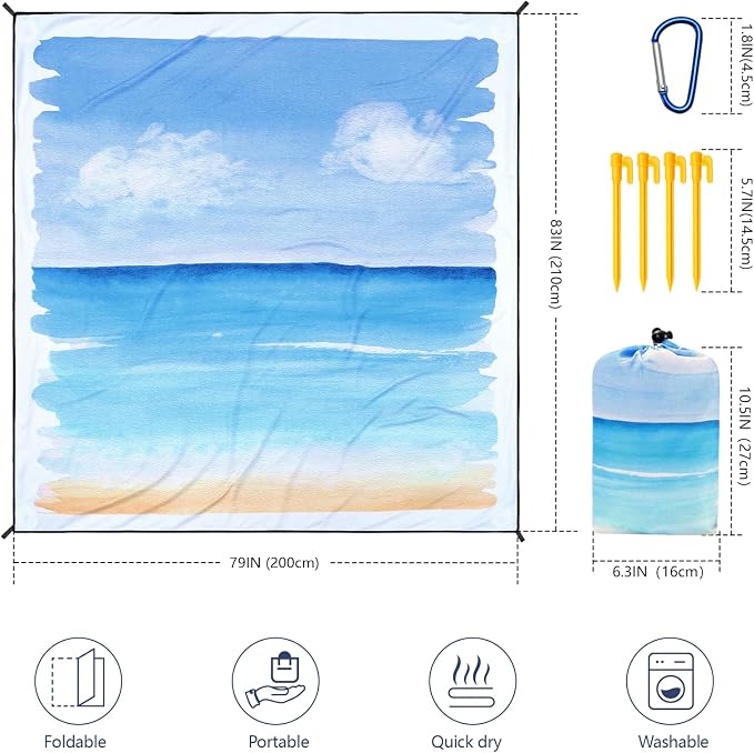 WIWIGO Beach Blanket Waterproof Sandproof Beach Mat 79" X 83"/10'x9'for 2-8 Adults Quick Drying Outdoor Picnic Mat Beach Accessories for Travel, Camping, Hiking - Image 2
