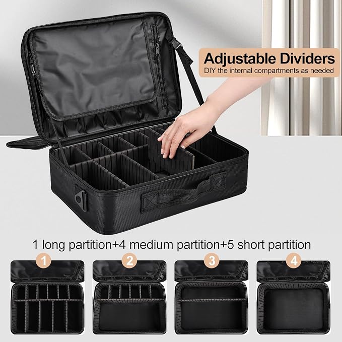Professional Makeup Train Case with Brush Holder, Large Makeup Travel Bag Organizer, Portable Cosmetic Carry Case 3 Layer Makeup Artist Storage Box with Adjustable Dividers and Shoulder Strap, Black - Image 5