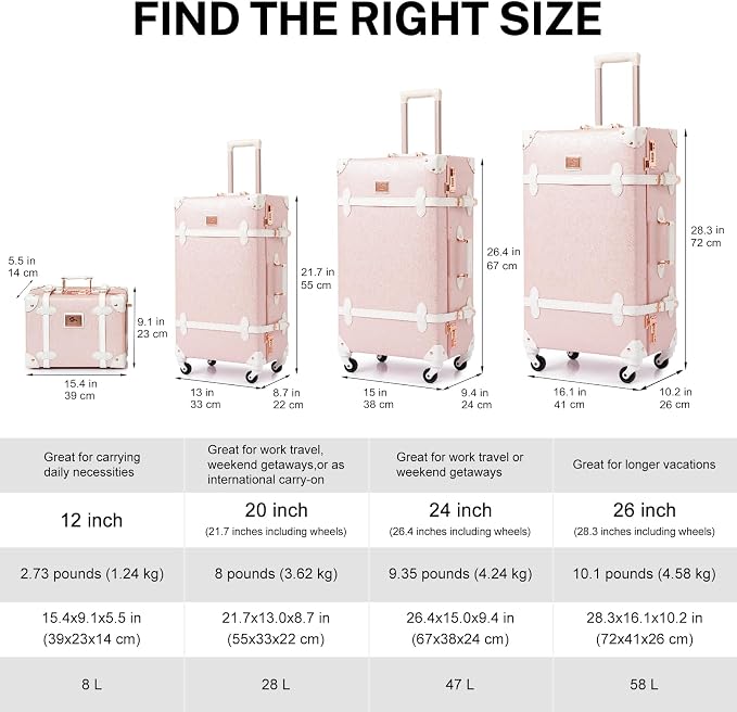 urecity 26" Vintage Luggage Set, 2 Piece Elegant Pink Retro Checked Suitcase with Cosmetic Case, Luxury Vegan Leather Aluminum Frame Spinner Trunk for Women (with Protective Clear Cover) - Image 6