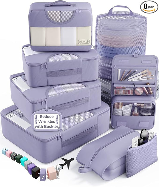 Veken 8 Set Packing Cubes for Travel Essentials,Anti-Wrinkle Buckled Suitcase Organizer for Shoe & Toiletry Bag,Carry On Luggage Bag with 99+ Count Mesh Holes for Airplane & College Dorm Accessories by Veken