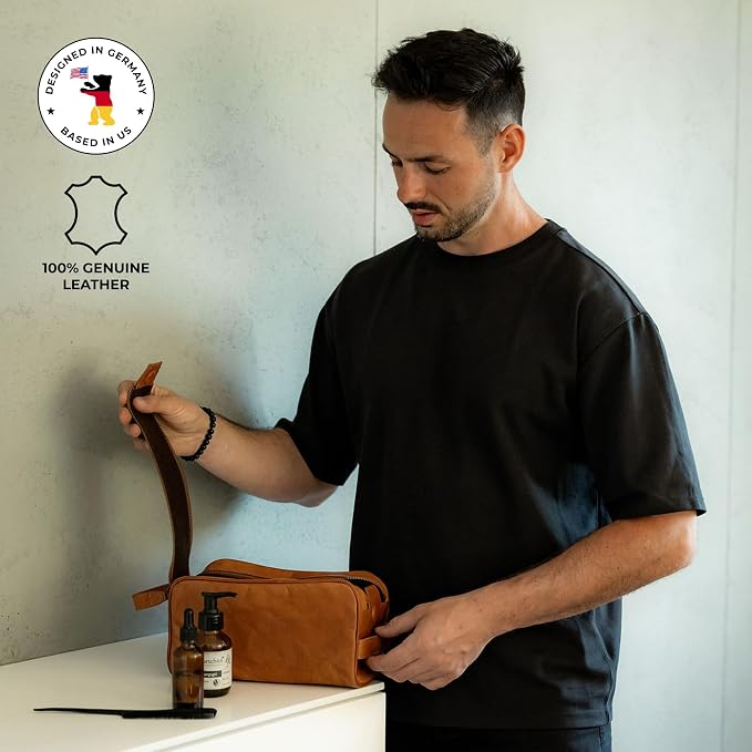 BERLINER BAGS Vintage Genuine Leather Toiletry Bag Tim M, Large Capacity Cosmetics Bag for Men and Women for Travel, Gift for Dad - Brown - Image 3