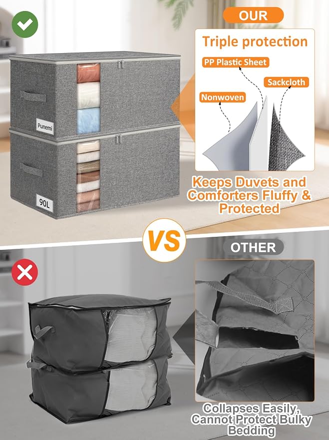 punemi King Size Comforter Storage Bag w/Sturdy Structure, 90L Extra Large Blanket Storage Bag for Bedding, Pillows, Quilts&Duvets, Stackable Closet Organizer with Clear Window,25.6x17.3x11.8in,Gray - Image 2