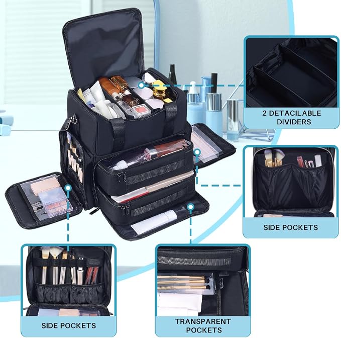 Large Makeup Bag with 2 Removable Case Cosmetic,Black | Large Makeup Bag with 2 Removable Case Multifunctional Cosmetic Bag Double Layer Travel Toiletry Organizer - Image 3