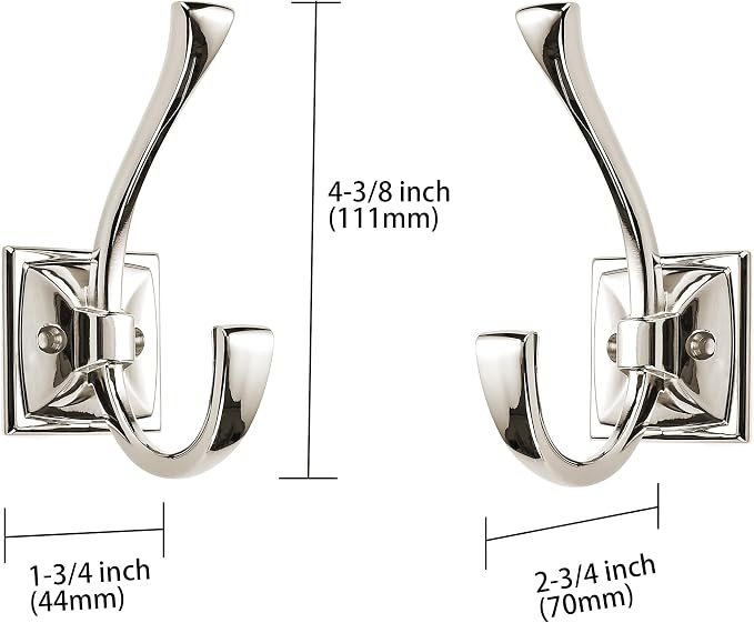 Large Wall Hooks 5 Pack - Polished Nickel Coat Hardware for Hanging Coats - 4.35 Inch Double Robe Hook Wall Mounted With Screws for Key, Towel, Bags, Cup, Hat - Image 2