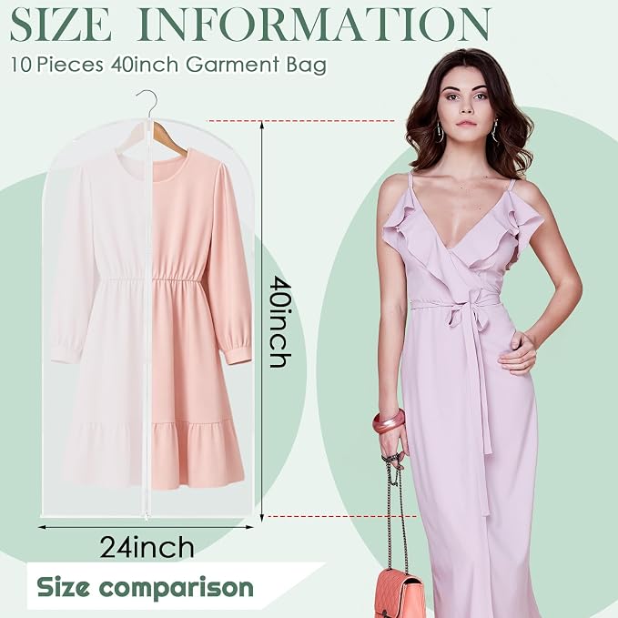 Amylove 10 Pcs 24 x 40 Inch Garment Bags Bulk Hanging Clothes Storage Covers for Closet Organization Dustproof Long Dress Bag Set for Wedding Dresses Gowns Coats Travel Suit (Translucent) - Image 2