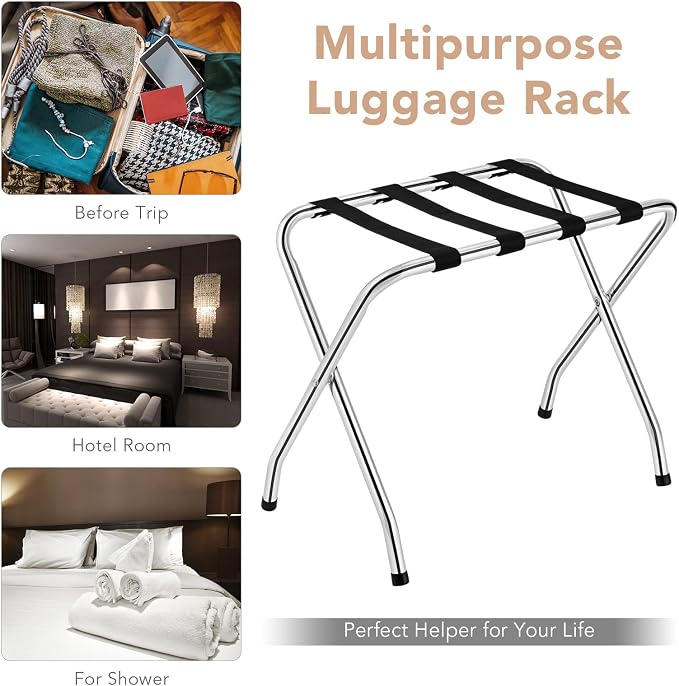 MAT EXPERT Folding Luggage Rack, No Assembly Required, 180lbs Capacity Luggage Holder w/ Nylon Straps & Non-slip Footpads, Chrome Suitcase Stand for Guest Room Home Bedroom Hotel, Set of 2, Silver - Image 8