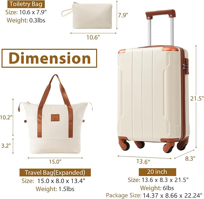 20 Inch Carry On Luggage 3 Piece Set, ABS Hard-side Lightweight Suitcase with a Travel Duffel & a Toiletry, Durable Spinner Wheels Luggage for Business Trip & Weekend Getaway, White Brown - Image 7