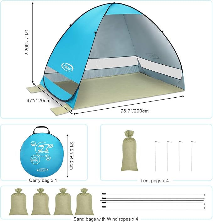 G4Free Large Pop up Beach Tent UPF50+ Automatic Sun Shelter Canopy Portable | Large Outdoor Cabana for 3-4 Person, UV Protection Sun Umbrella, Instant pop-up Design, made of 190T Silver Coated fabric - Image 5