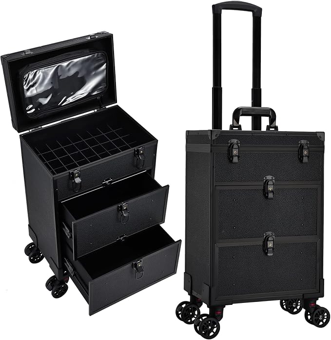 Faquenc Rolling Makeup Train Case with 2 Extra Large Drawers Nail Organizer Case with Wheels Traveling Cosmetology Case with Makeup Pouch for Mobile Stylist Artists Nail Salon Cart Trunk Black by Faquenc