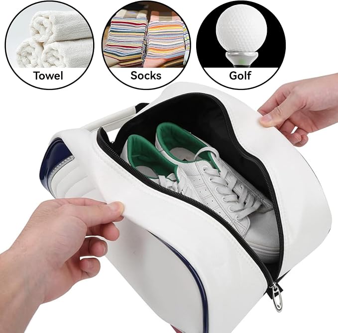 Golf Shoe Bag for Men & Women, PU Leather Travel Shoes Carrier Bag, Dustproof and Lightweight Outdoor Golf Accessories Storage for Sport Shoes, Socks, Tees & Balls(White) - Image 4