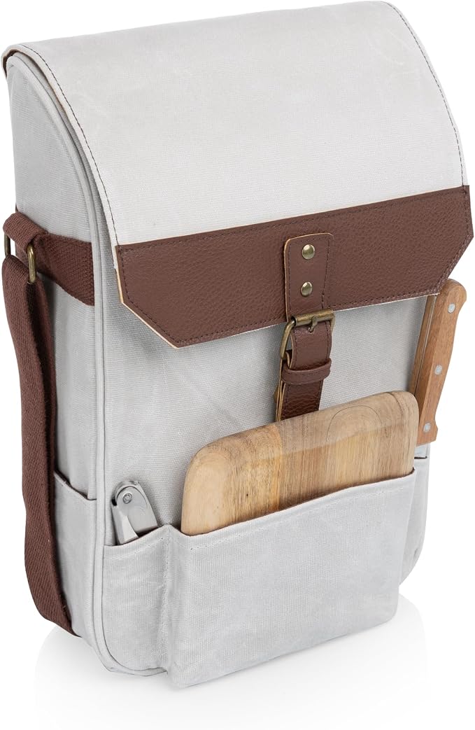 Picnic TIME 2 Bottle Insulated Wine Bag with Cheese Board and Knife Set, Wine Picnic Bag, Natural Waxed Canvas Wine Tote, (White) by PicnicTimeFamilyofBrands