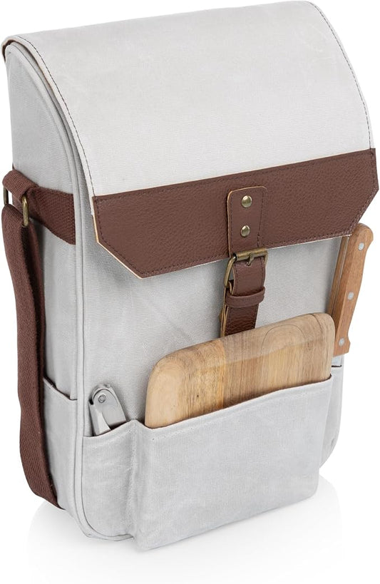Picnic TIME 2 Bottle Insulated Wine Bag with Cheese Board and Knife Set, Wine Picnic Bag, Natural Waxed Canvas Wine Tote, (White) by PicnicTimeFamilyofBrands