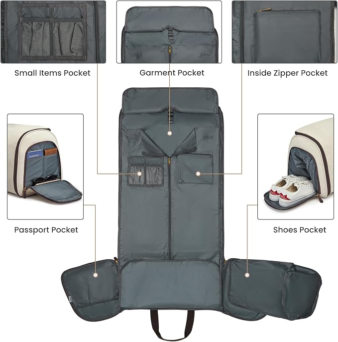 S-ZONE Garment Bag for Travel Convertible Duffle Bag Suit Bag for Men Women | 2-in-1 Hanging Suitcase, with Toiletry Bag, Wet/Dry Pockets, Shoe Compartment, Trolley Sleeve, Carry-on size, Beige - Image 6