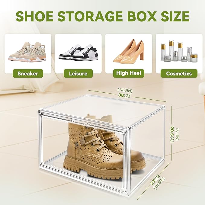 12 Pack Clear Plastic Shoe Boxes, Stackable Magnetic Door, Fit Size 12.5 | 14.2 x 10.6 x 8.1 in clear plastic boxes for daily sneakers, casual shoes and closet storage - Image 3