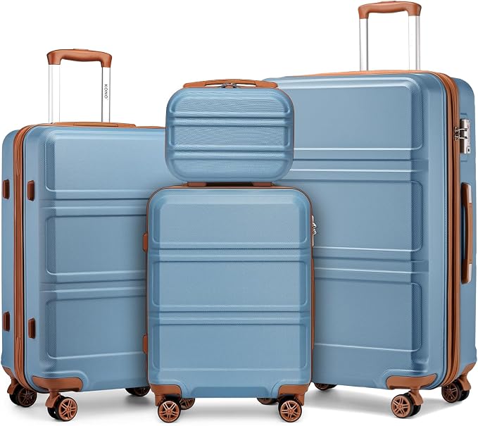 Kono 4 Piece Luggage Sets Expandable(only 28") with Spinner Wheels TSA Lock | Lightweight PC+ABS Hardside Travel Rolling Suitcases 20in 24in 28in Carry on and 12in Mini Cosmetic Case Apricot Blue by Kono
