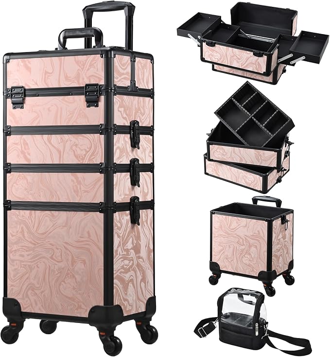 Stagiant Rolling Makeup Case 4 in 1 Cosmetology Case on Wheels Makeup Travel Case with Cosmetic Bag Key Swivel Wheels Salon Barber Case Traveling Cart Trunk Cosmetic Trolley Alpine Pink by Stagiant
