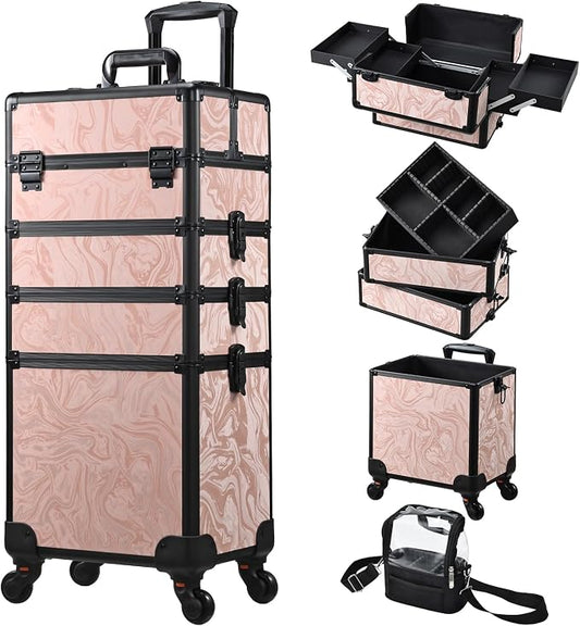 Stagiant Rolling Makeup Case 4 in 1 Cosmetology Case on Wheels Makeup Travel Case with Cosmetic Bag Key Swivel Wheels Salon Barber Case Traveling Cart Trunk Cosmetic Trolley Alpine Pink by Stagiant