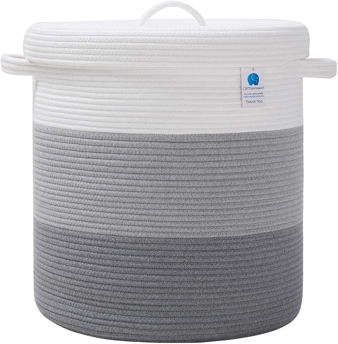 16x18 Inch Extra Large Round Cotton Rope Storage Basket with Lid, Decorative Woven Bin with Cover for Living Room Bedroom Closet, Light Grey & Grey by Cottonphant
