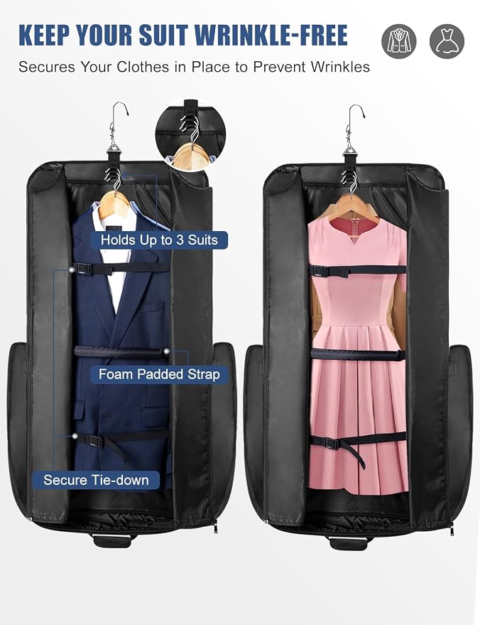 Noozion Garment Bag for Travel, Large Carry On Suit Bag for Business Up to 3 Suits, Wrinkle Free Garment Bag for Hanging Clothes with Shoulder Strap, Laptop Compartment, and Wet-Dry Pocket - Image 4