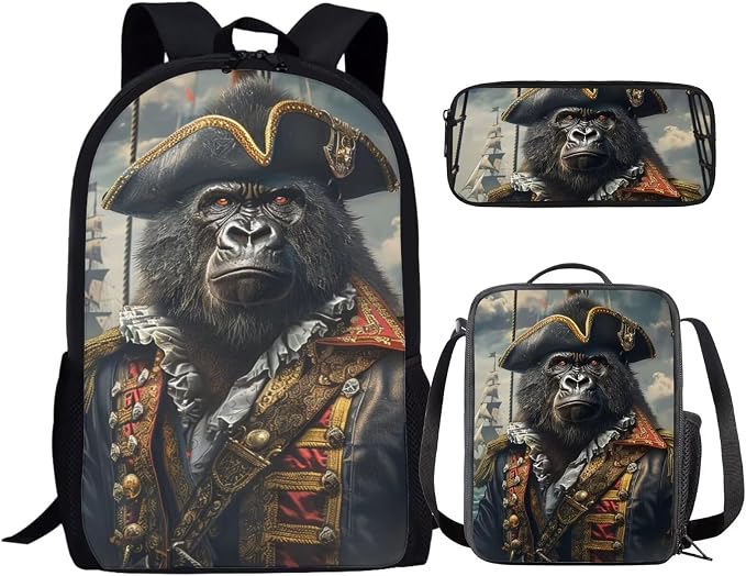 17 Inch Animal Print School Backpack And Lunch Box Set for Kids Lightweight Funny Gorilla Backpack for Boys Girls Sturdy School Bag with Insulated Lunchbox Pencil Case Student Bookbag by Parprinty