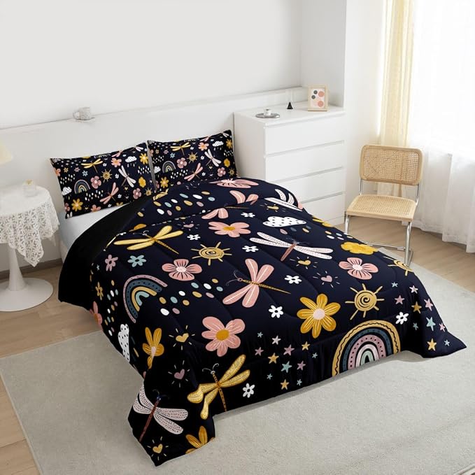 Erosebridal Rainbow Comforter Set, Cartoon Dragonfly Quilt Queen Size for Kids Girls Women Adult, Pink Flower Floral Duvet Insert Kawaii Iridescent Bedding Set 3Pcs with 2 Pillow Cases, Black Yellow - Image 4