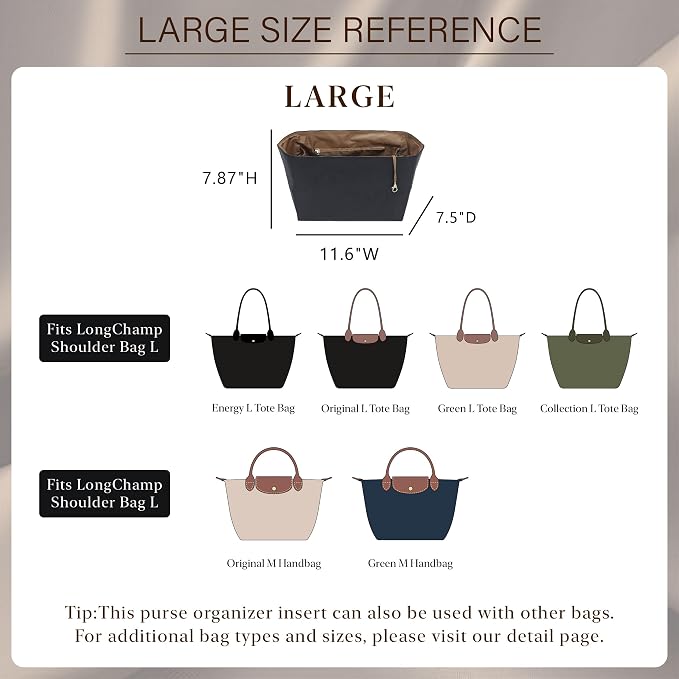 Doxo Purse Organizer Insert for Longchamp Le Pliage Large, 6-Compartment Bag Organizer with YKK Zipper Pocket, Cup Holder, Key Chain, Waterproof DupontPaper Lightweight Handbag Shaper (Black Brown,L) - Image 2