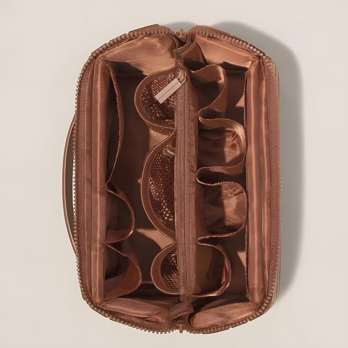 Fold-Down Traveler Makeup Organizer Accessories Bag for Women, Large Toiletry Bag with No-Spill Waterproof Compartments and Removable Dividers (brown) - Image 2